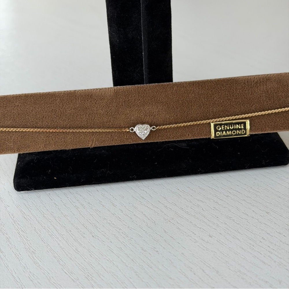 Vintage 14KT Gold Silver and Diamond Heart Bracelet, 6 1/2" - Picture 4 of 16